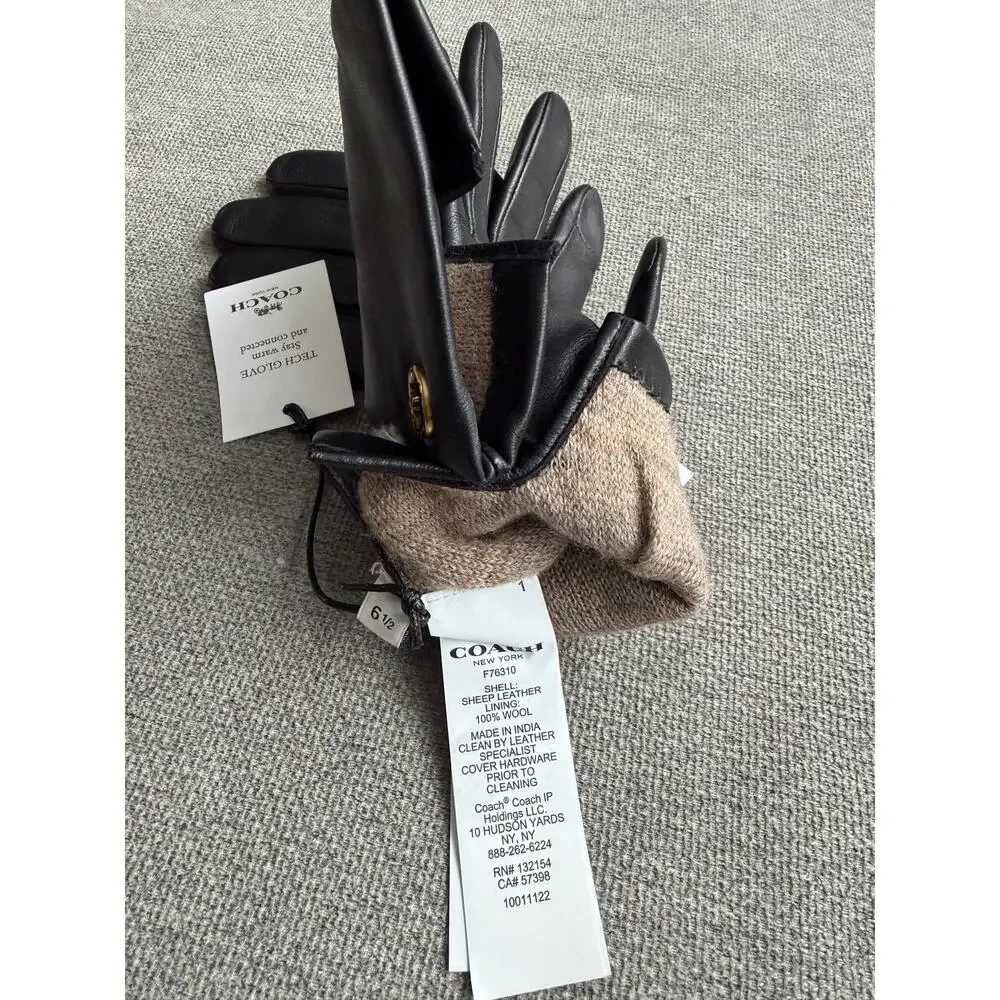Coach Horse And Carriage Sheep Leather Tech Gloves Black Size 6.5 - F76310 New